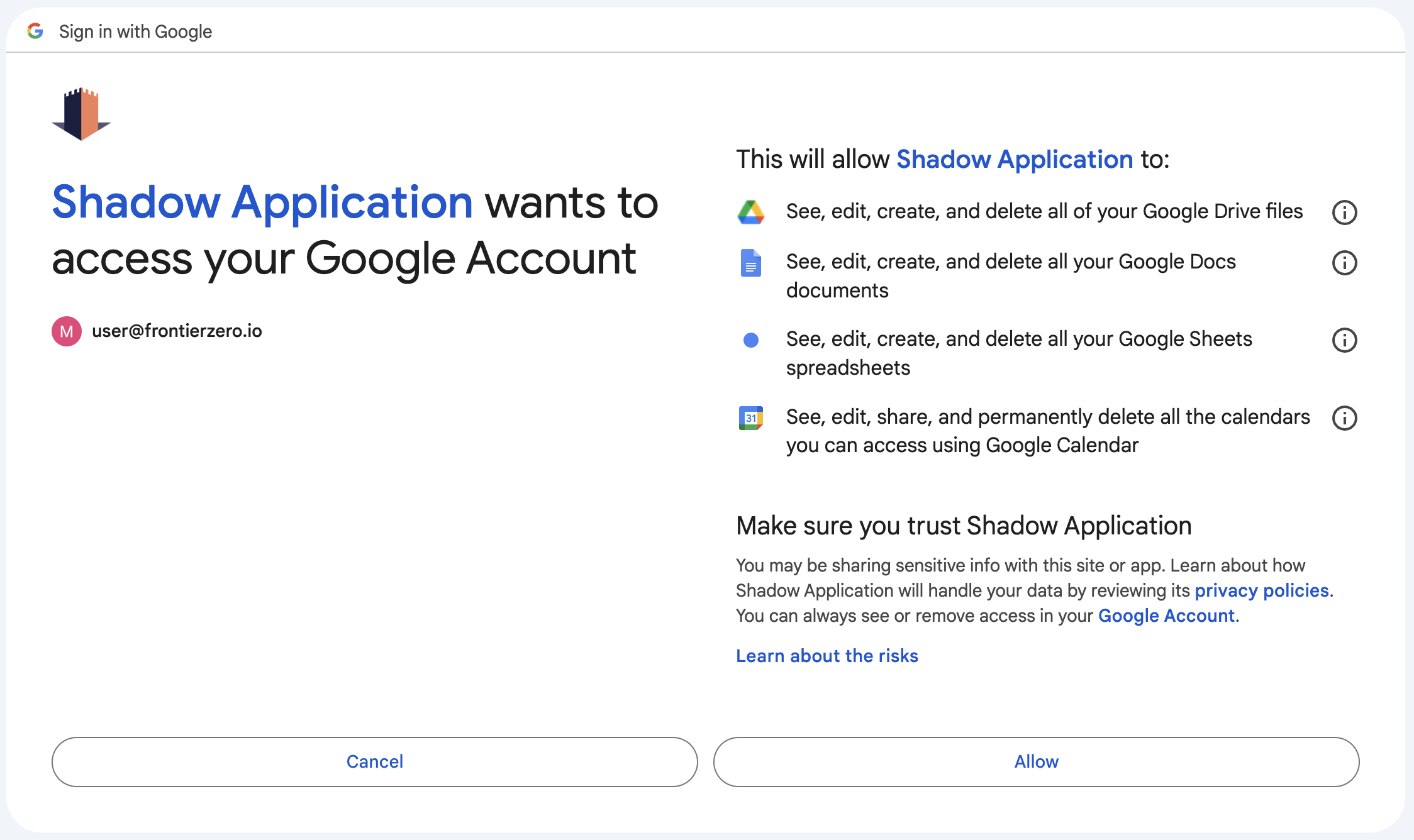 Shadow App requesting Google data permissions